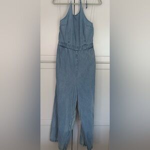 American Eagle Chambray Halter Jumpsuit XL Tie Waist Wide Leg Summer Boho 💙